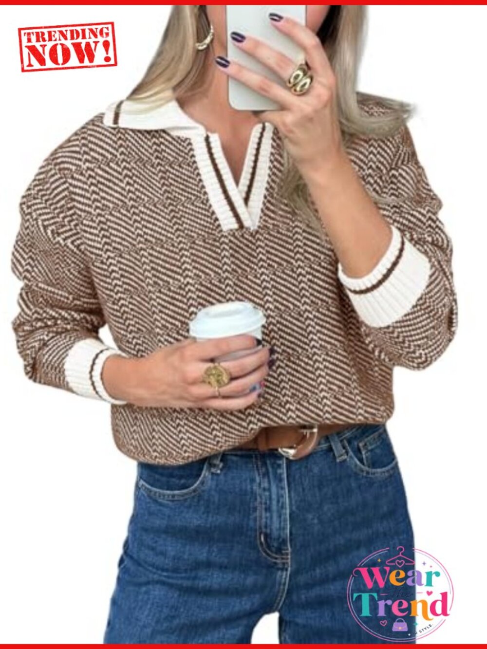 Womens Chunky Knit V-Neck Sweater Color Block Pullover Loose Fit Fall